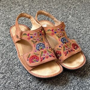Alegria Floral Embroidered Sandals - Tan and Multicolor